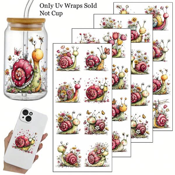 4 pièces/Set Motif Thème Escargot Floral Fantaisiste Transfert UV - Pour l'artisanat, les tasses, les ordinateurs portables & les bouteilles d'eau, plastique auto-adhésif, décoration de tasse, ordinateur portable, décorations de fête, designs festifs, impressions de haute qualité, durable