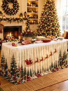 1 st krämvit julbordsskirt, rektangulär plisserad bordsduksskjul i polyester med tryck av jultomtens släde, ren, tallskog och snöflingor, buffé- och dessertbordsduk för julfest, högtidsmiddag, vinterbröllop, kök och heminredning - Multifärgad - Visa 1