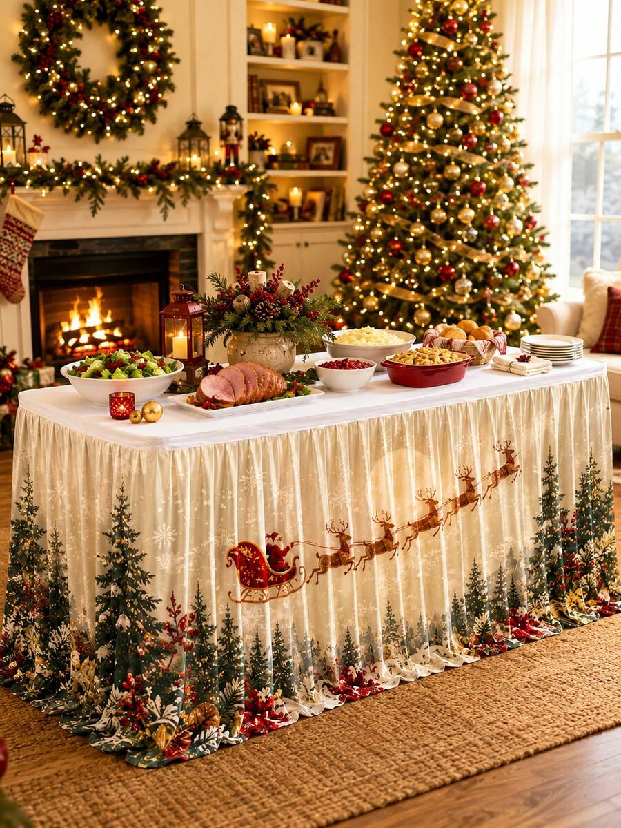 1 st krämvit julbordsskirt, rektangulär plisserad bordsduksskjul i polyester med tryck av jultomtens släde, ren, tallskog och snöflingor, buffé- och dessertbordsduk för julfest, högtidsmiddag, vinterbröllop, kök och heminredning - Multifärgad - Visa 1