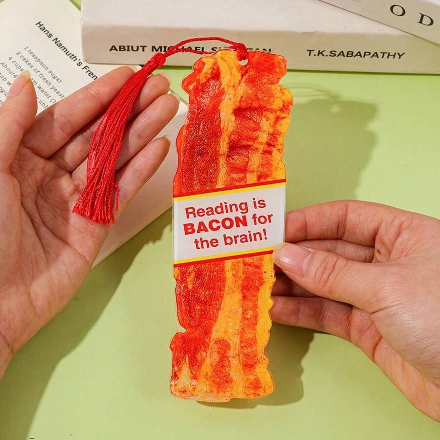 1pc Bacon Shaped Bookmark, Printed With "Reading Is Bacon" Pun - Multicolor - View 1