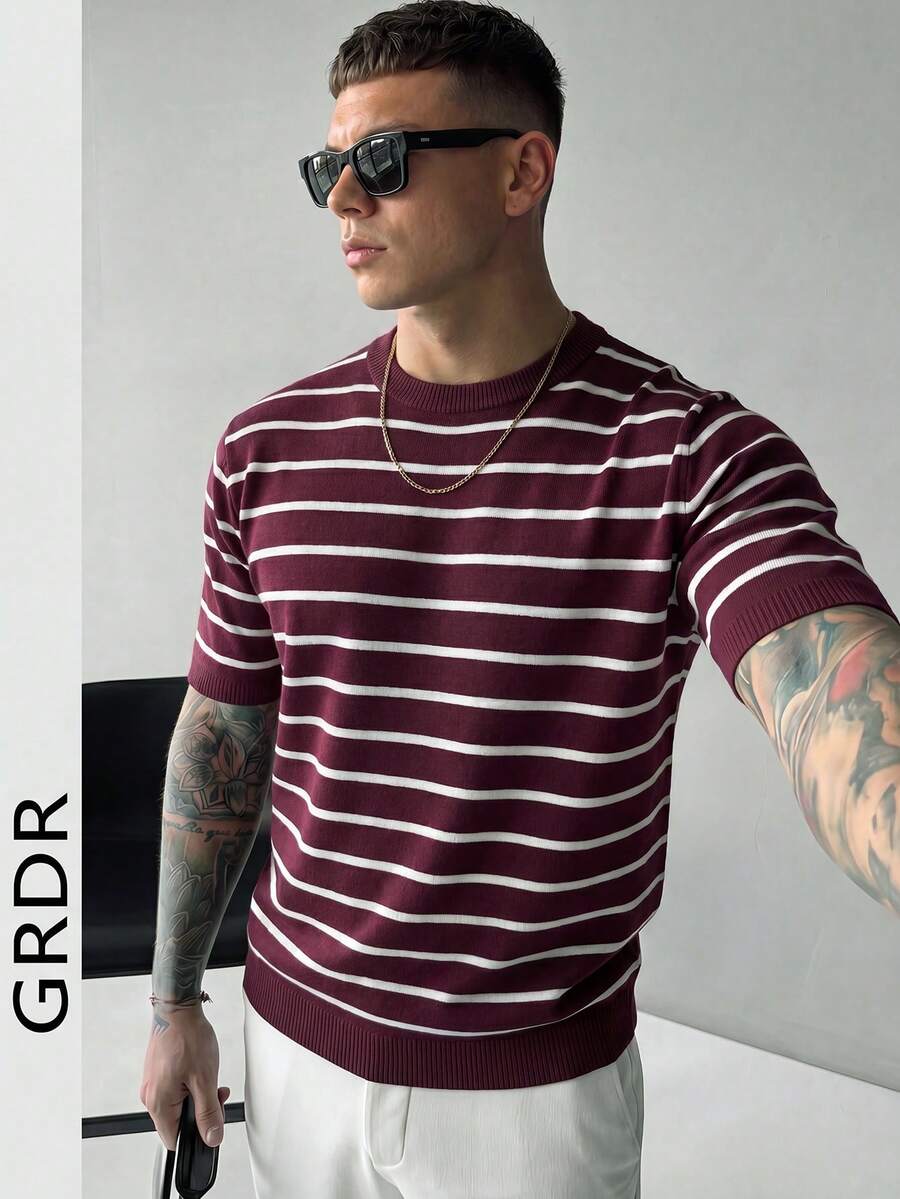 GRDR Men's Minimalist Striped Basic Crew Neck Knit Short Sleeve Sweater - Red Violet - View 1