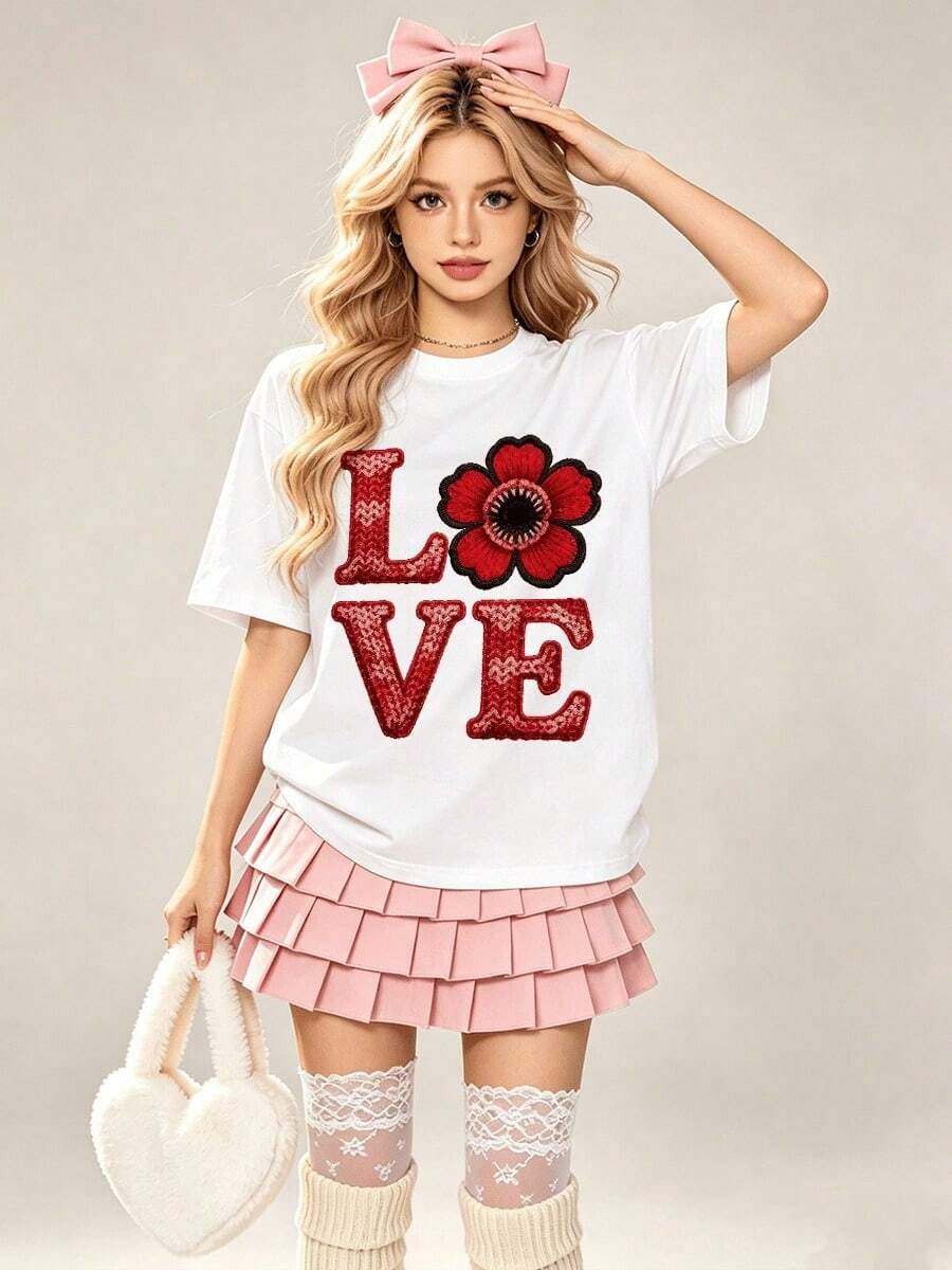 Vintage Damen Sommer Lässig Weiches Rundhals Kurzarm T-Shirt, Liebe Blumen Muster Grafik, Geeignet für Frühling und Sommer Tragen. Schwarzes Sommer Top - Weiss - Übersicht 1