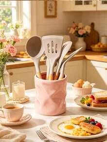 1pc Ceramic Kitchen Utensil Holder, Modern Wavy Countertop Cutlery Jar, Pastoral Style Decorative Utensil Storage Box. Can Hold Soup Spoons, Forks And Spatulas. This Multi-Functional Kitchen Storage Tool Is Suitable For Home And Kitchen Decoration, Available In Pink, Off-White, Black And Purple. - Multicolor - View 4