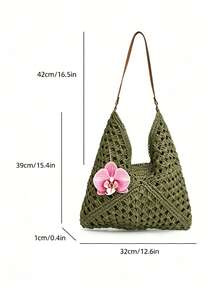 Dedoo Women's Crochet Bohemian Large Capacity Shoulder Bag, Beaded Coconut Tree Pattern, Leather Handle, Suitable For Summer (Random Pendant Hook) - Green - View 6