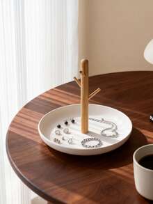 1pc Wooden Tree Branch Jewelry Display Stand, White Round Tray Necklace, Earring, Ring Storage Organizer, Vanity Or Desktop Small Accessory Organizer - Multicolor - View 5