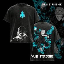 Camiseta Vintage Lavada de Itadori Yuji (Arco de Ejecución) – Camiseta Gráfica de Anime , Ropa Urbana de Talla Grande, Top Casual Unisex de Algodón Suave, Sudadera Inspirada en - Negro - Ver 1