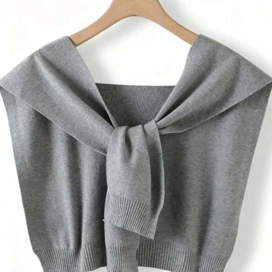 Cardigan châle de couleur unie pour femmes, écharpe-châle fine à faux col noué - Gris - Voir 1