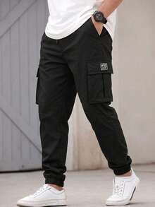 Men's Black Multi-Pocket Cargo Joggers, Casual Outdoor Sports Elastic Waist Practical Long Pants Fall - Black - View 1
