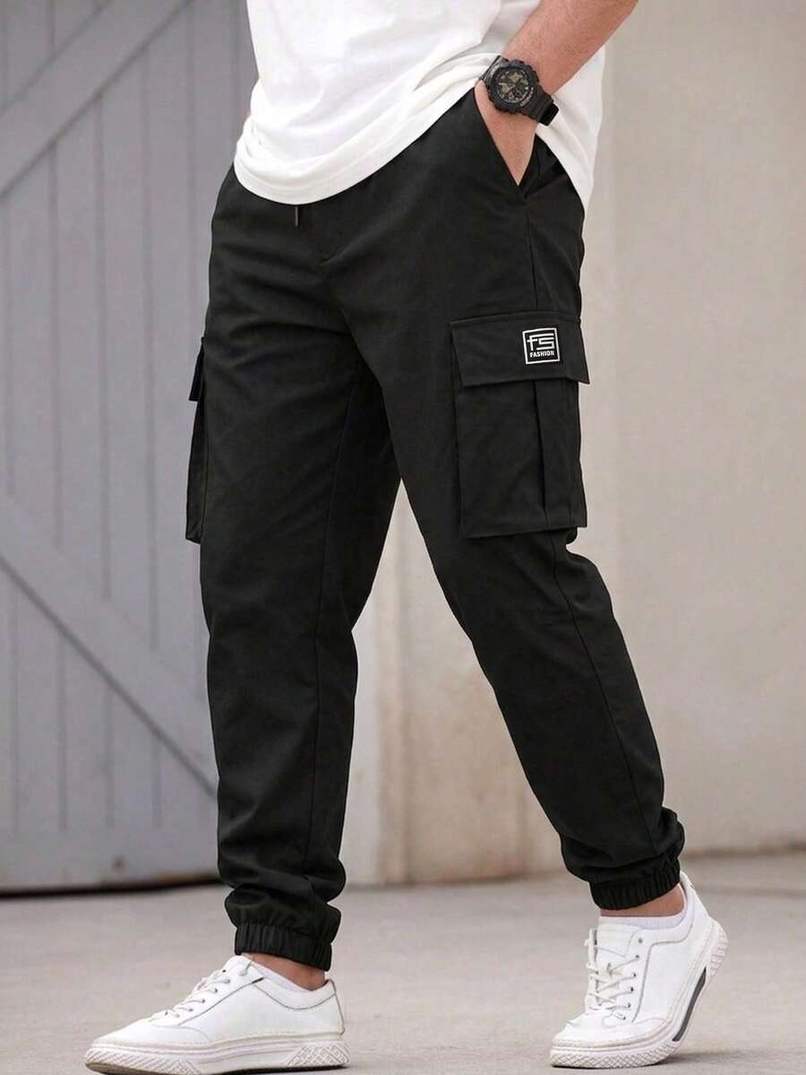 Men's Black Multi-Pocket Cargo Joggers, Casual Outdoor Sports Elastic Waist Practical Long Pants Fall - Black - View 1
