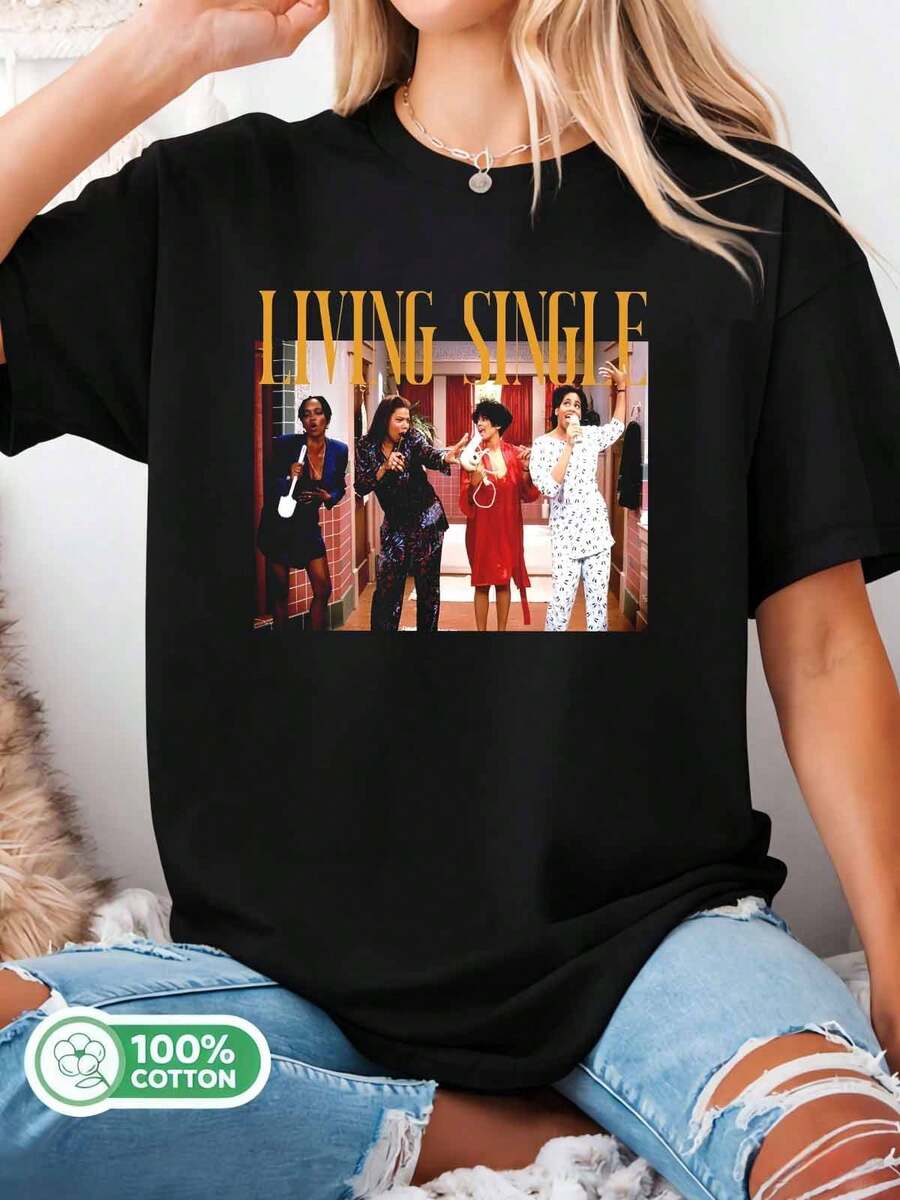 Living_Single_90s_Classic_TV_Show_Cast_Portrait_100%_Cotton_Nostalgia_T-Shirt - 黑色 - 查看 1