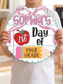1pc Custom First Day Of School Wooden Sign,Custom Text,Personalized Scalloped Bow Apple Pencil Back To School Photo Prop Plaque,First Day Grade Keepsake Sign For First Day School Picture - Multicolor - View 3