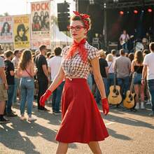 Set de 5 piezas de disfraz retro pop de los años 40-50, diadema con lunares rojos, gafas de ojo de gato, guantes de satén, atuendo estilo rock, adecuado para juego de roles de mujeres, fiesta de Halloween, fiesta temática de los años 40-50, mascarada, uso diario y reunión temática - Multicolor - Ver 4