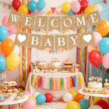 1 Set Willkommens-Baby-Girlande aus Kunstleinen, Babyparty- und Gender-Reveal-Party-Dekoration, bohemische Vintage-Leinenstoff-Girlande, Fotohintergrund-Wanddekoration, Neugeborenen-Willkommensparty-Vollmond-Bankett-Hängedekoration, rustikales Themenparty-Banner, Innen-/Außen-Dekorationszubehör - Übersicht 7