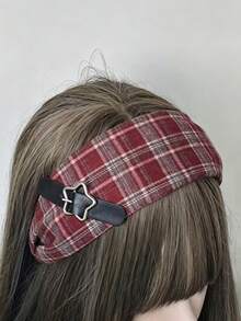 1 pieza Diadema de estilo Academia dulce y cool, tela a cuadros rojo y marrón con hebilla de estrella negra, diadema de vibración retro Y2K, estilo Academia, diadema de estilo dulce y cool, diseño ancho, adecuada para ir al trabajo, citas, convenciones de anime y talla grande. - Multicolor - Ver 8