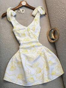 Nuevo vestido elegante con estampado, cuello en V y cintura con lazo - Amarillo - Ver 1