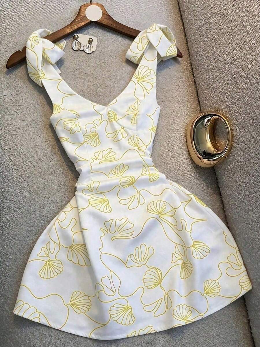 Nuevo vestido elegante con estampado, cuello en V y cintura con lazo - Amarillo - Ver 1