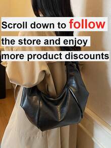 1pc Solid Color PU Shoulder Bag, Fashionable Large Capacity Crescent-Shaped Handbag Suitable For Adult Women, Stylish Outfit And Outdoor Shopping - Black - View 2