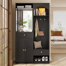 Black 100 Cm Entryway Hall Tree In MDF With Mirror, Hooks And Bench - Black - View 2