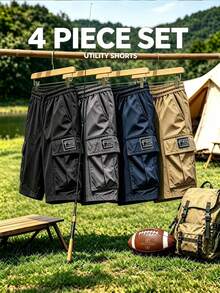 Men's 4pcs/Set Summer Casual Cargo Pants, Multi-Pocket Design With Drawstring Waist, Unisex Style, Convenient For Travel, Solid Color Versatile Sports - Multicolor - View 1