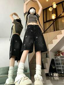 YCYC 美式復古牛仔 5 吋女款短褲 街頭直筒寬鬆顯瘦寬腿褲 - 黑色 - 查看 4