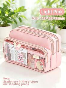 1pc Cute Pink Pencil Case With Transparent Window, Multi-Layer Large Capacity Stationery Organizer Bag, Waterproof Zipper Storage, First Day Of School - Multicolor - View 4