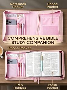 1pc Floral Cross Bible Cover With Zippered Handle – Inspirational "The Lord Is My Shepherd" Bible Organizer For Church, Bible Study & Religious Gift For Women - Pink - View 3