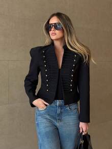 ZAHM Women's Black Napoleon Style Cropped Blazer With Ribbon Embroidery, Gold Button Decor Stand Collar Military Jacket - Black - View 9