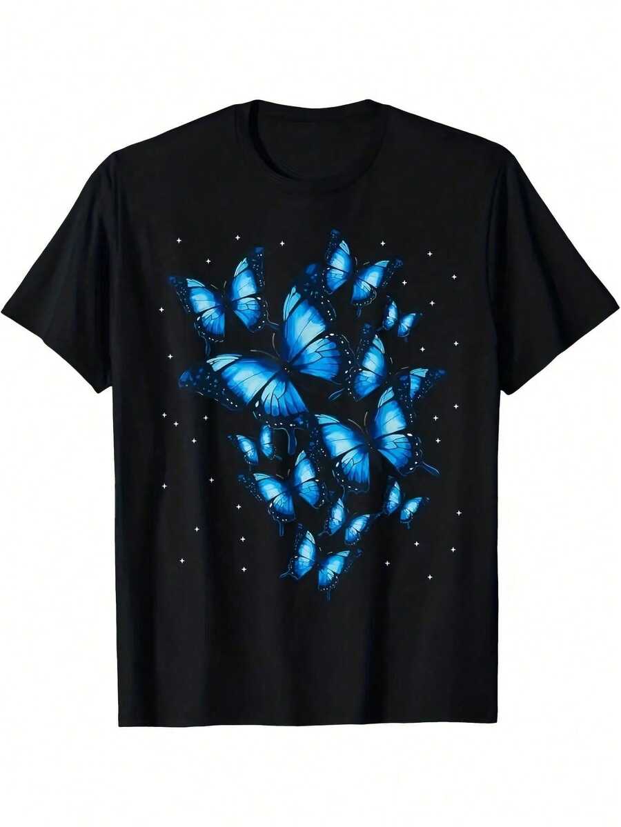 Vibrant Monarch Butterfly Print, Lightweight And Breathable, Short Sleeve, Round Neck, Casual T-Shirt For Everyday Wear, Outdoor Sports, Spring/Summer/Autumn, Sizes XL - 5XL - 黑色 23 - 查看 1