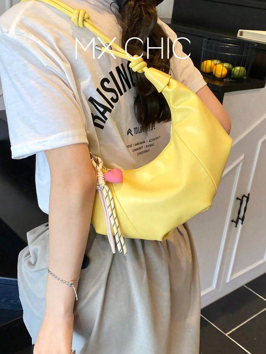 1pc Plain Color PU Shoulder Bag, Large Capacity Crescent-Shaped Handbag, Suitable For Adult Women, Fashion Outfit, Outdoor Shopping - Yellow - View 1