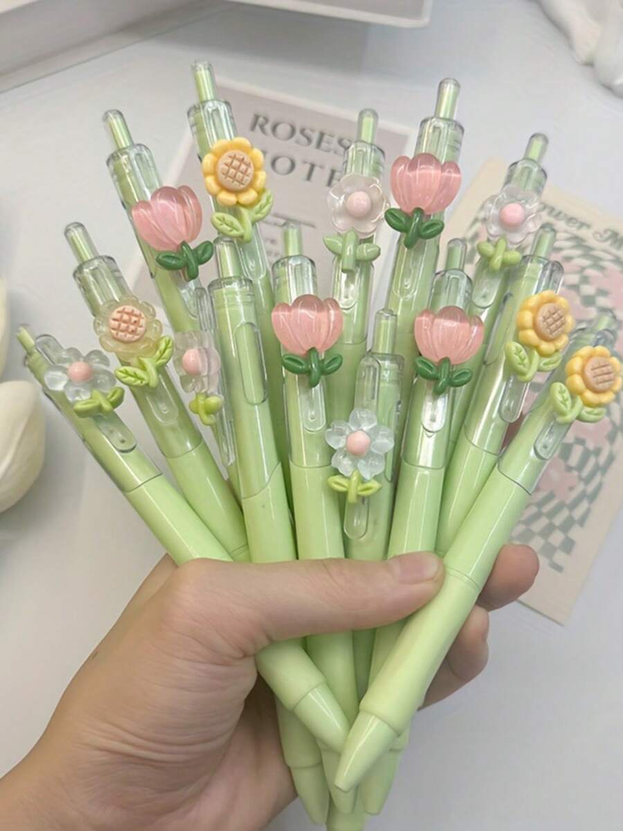 花卉圖案可伸縮中性筆 快乾黑色墨水 柔美花卉設計 書寫順滑 適用於各種辦公場景、學校考試練習、生日禮物、開學季 - 多款花朵筆 - 查看 1
