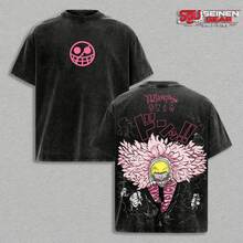 Camiseta Oversize Lavada Vintage de Donquixote Doflamingo, Camiseta Gráfica de Villano de Anime de One Piece, Camiseta Streetwear de Demonio Celestial, Top de Algodón Grueso Unisex, Ropa Cas - Negro - Ver 1