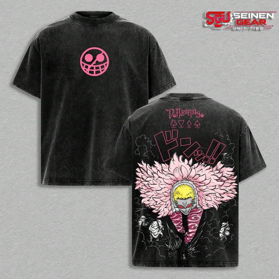 Camiseta Oversize Lavada Vintage de Donquixote Doflamingo, Camiseta Gráfica de Villano de Anime de One Piece, Camiseta Streetwear de Demonio Celestial, Top de Algodón Grueso Unisex, Ropa Cas - Negro - Ver 1