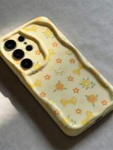 1 pieza Funda de teléfono con textura suave de TPU, diseño creativo y personalizado de onda de dopamina con volantes, patrón de girasol y lazo en color crema, compatible con Galaxy S21 S22 S23 S24 S25 S26//Honor// y otros modelos - Blanco - Ver 5