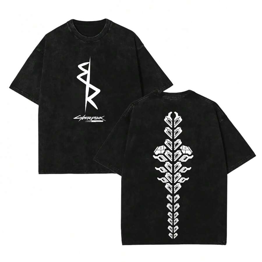 Men's Short-Sleeved T-Shirt With A Crew Neck, Made Of Thick Cotton, In A Washed Vintage Style, Featuring A Double-Print Cyberpunk 2077 Anime Design. This Unisex Casual Urban Style Top Makes A Great Gift. - 黑色 - 查看 1