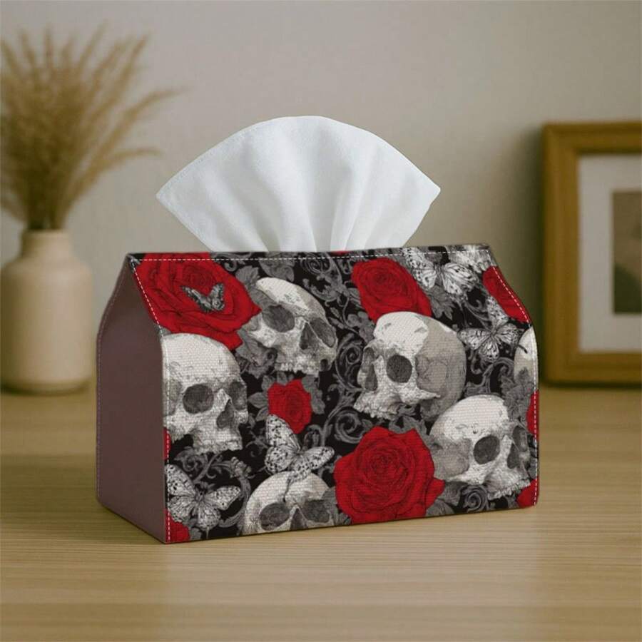 1pc Gothic Art Skull Red Rose Butterfly Print Fabric Napkin Holder, Dark Floral Style For Home Bedroom Kitchen Dining Area Car, Multi-Functional Napkin Rack Decor For Party Halloween Atmosphere - Multicolor - View 1