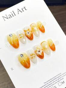 Orange Gradient Star Press On Nails, Medium Almond With 3D Star & Rhinestone Glossy Summer Reusable Wearable Nails.Orange Star Gradient Press On Nails, Medium Almond Glossy Cute False Nails - Orange - View 4