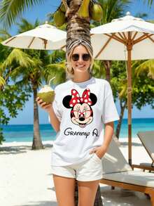 Disney Summer Women's Minnie Red Polka Dot Bow Glasses Pattern Disney Vacation Casual Pure Cotton T-Shirt - 白色 - 查看 1
