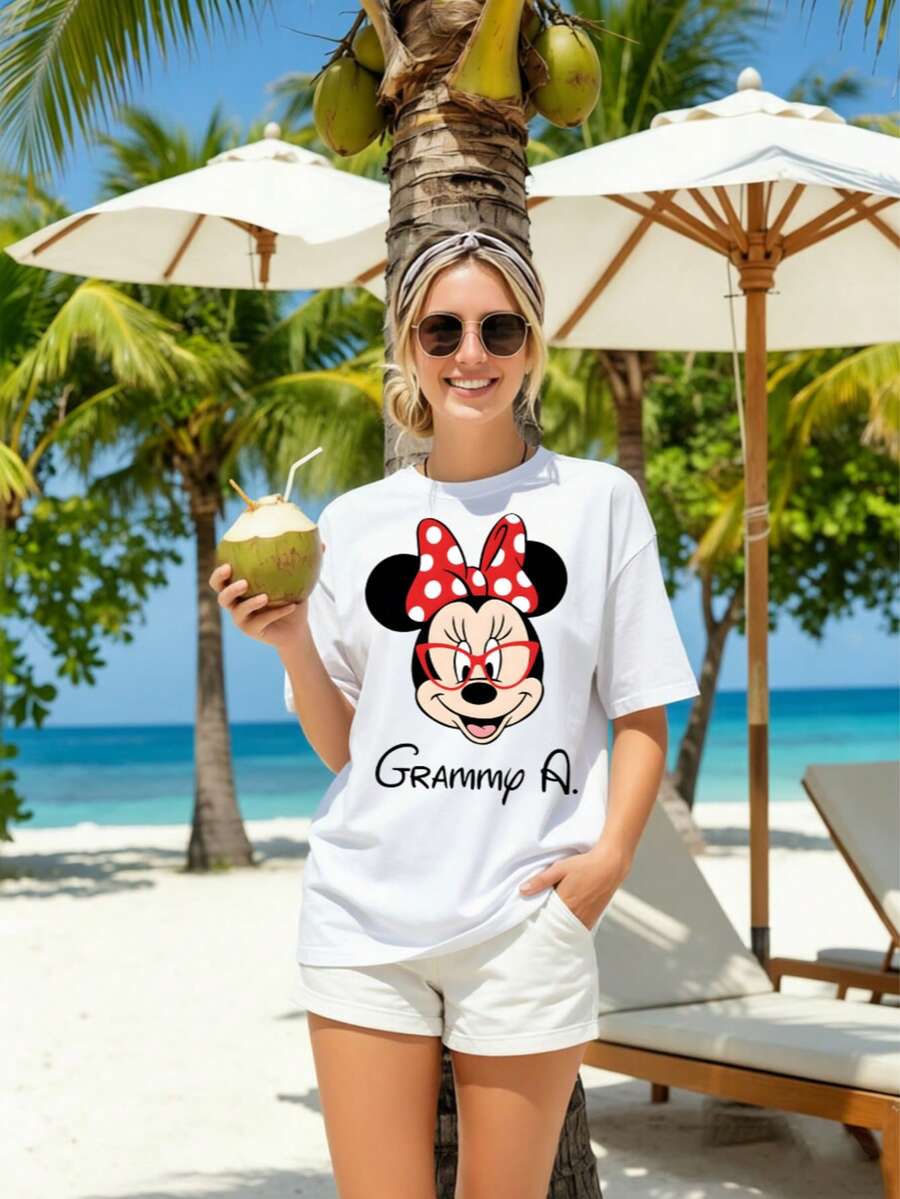 Disney Summer Women's Minnie Red Polka Dot Bow Glasses Pattern Disney Vacation Casual Pure Cotton T-Shirt - 白色 - 查看 1
