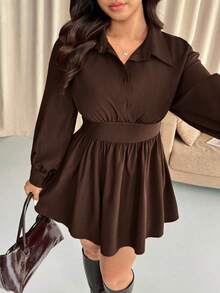 Vionelle Vestido de cuello de camisa tejido de manga larga con cintura recogida de unicolor, talla grande, otoño/invierno - Burdeos - Ver 7