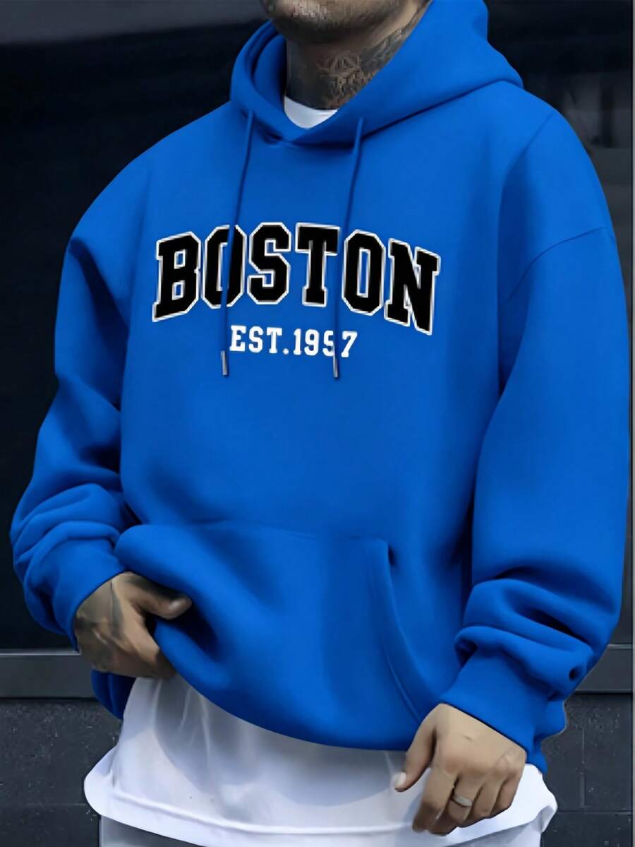 Men's Hoodie With BOSTON Letter Print, Casual Men's Sweatshirt. - 藍色 - 查看 1