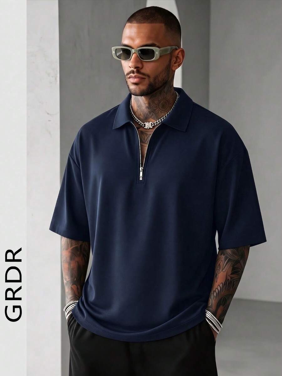 GRDR 男士夏季半拉链 Polo 衫,纯色经典短袖,适合户外休闲穿着 - 藏蓝色 - 查看 1