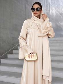 Al Najma Vestido elegante estilo árabe con mangas abullonadas y adorno floral para mujer, vestidos árabes, modestos - Albaricoque - Ver 1