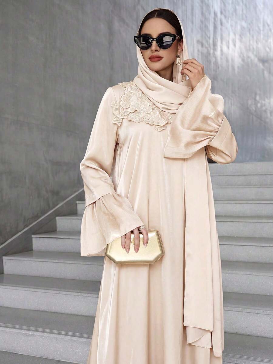 Al Najma Vestido elegante estilo árabe con mangas abullonadas y adorno floral para mujer, vestidos árabes, modestos - Albaricoque - Ver 1