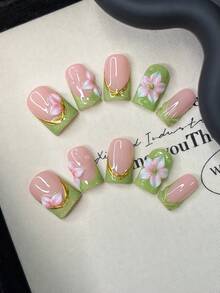 10pcs/Set Y2K Nails Handmade, Pink Nails, Green Cat's Eye Nails, Green French Tip Nails, 3D Pink Flowers Nails, Perfect For Parties & Daily Wear. Short Square Nails. Handmade Press On Nails Square, Fake Nails, Acrylic Nails, Short Nails, Summer Nails - Multicolor - View 10
