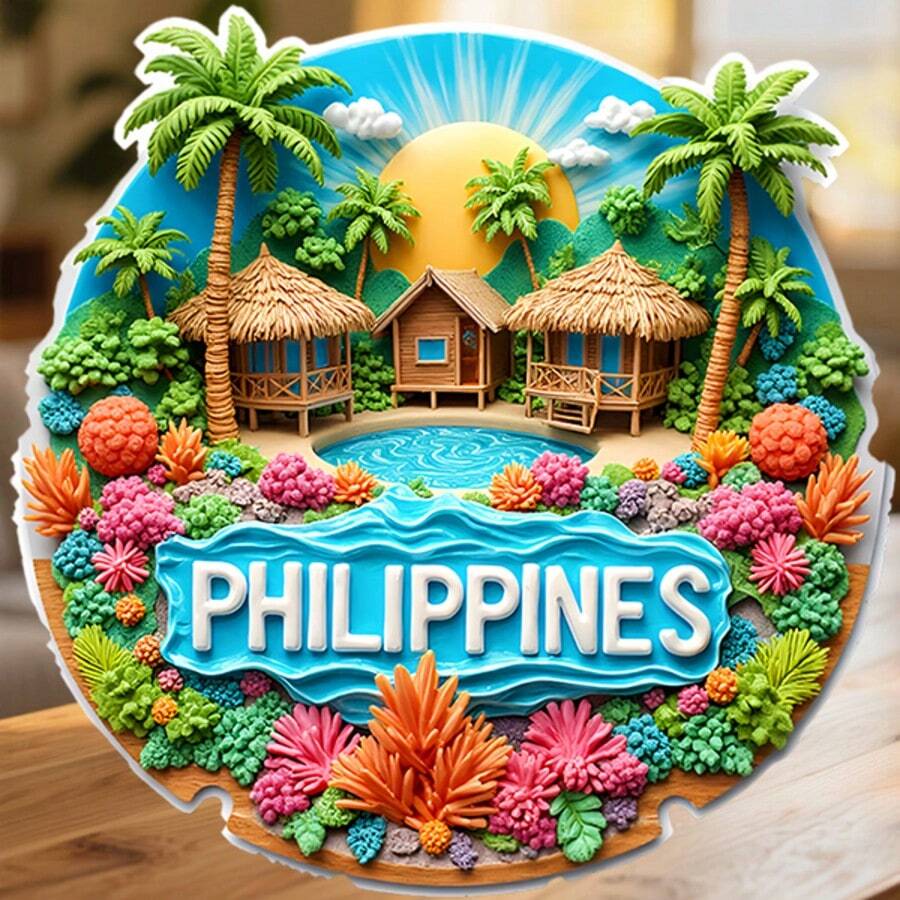 Philippines Nipa Hut Palm Tree Turquoise Sea And Coral Reef Dance Magnet, Each Island Is A Love Letter, Suitable For All Metal Surfaces In Your Home - A - View 1