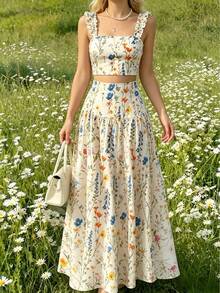 2026 Spring/Summer Fashion: Casual, Elegant, Cute, Vintage, Random Print Pattern, Vacation Style, Bohemian Style Women's 2-Piece Set - Apricot - View 1