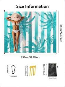 1 Piece 185*235CM Striped Coconut Tree Printed Waterproof And Sandproof Fabric Oversized Beach Blanket, Lightweight And Durable Suitable For Seaside Leisure Vacation Travel Outdoor Camping Picnic Mat - Multicolor - View 3