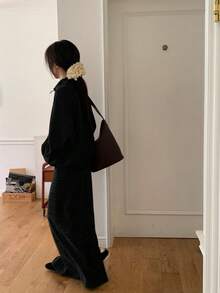 韓式時尚簡約優雅抽繩彈性紋理條紋修身中長裙 女款 黑色 - 黑色 - 查看 9