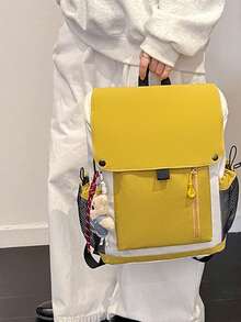 Minimalist Flap Backpack With Front Zipper Pocket, Detachable Charm, Adjustable Shoulder Straps, Daily Fashion Backpack For Women - Ginger - View 6