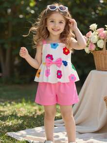 BASUSARRI Conjunto de top sin mangas con estampado floral y lazo, y shorts a juego para niñas jóvenes, conjunto de fiesta de verano casual de color dopamina - Rosa - Ver 2